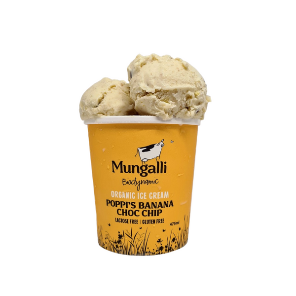 Mungalli Biodynamic Organic Ice Cream Poppi's Banana Choc Chip 110ml/475ml (Available Pick-Up Only)